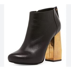 Lanvin Metallic-Heel Leather Ankle Boot Brown Gold Block Heels Women's Size 40 9